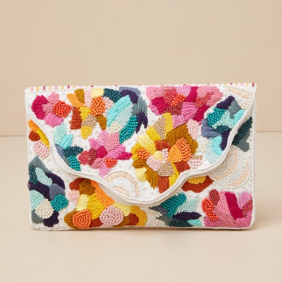 Lulus Vibrant Charm White Multi Beaded Embroidered Clutch - Size One Size - Picture 1 of 4